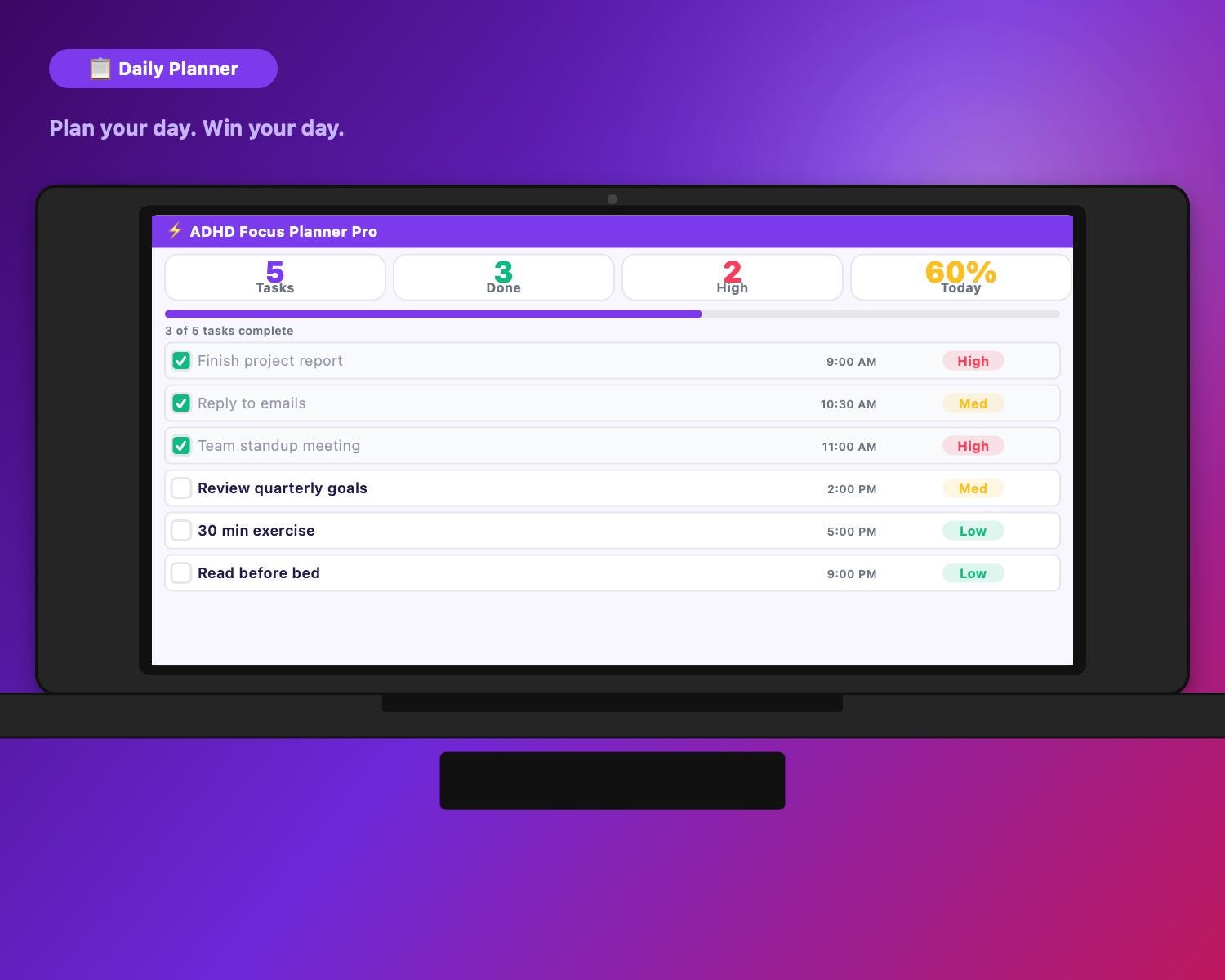 ADHD Focus Planner Pro, Habit Tracker, Pomodoro Timer (HTML Download)