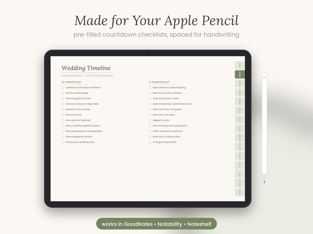 Sage Wedding Planner | Digital Wedding Planner for GoodNotes & iPad | Undated Timeline, Budget, Checklist, Guest List | Fillable PDF