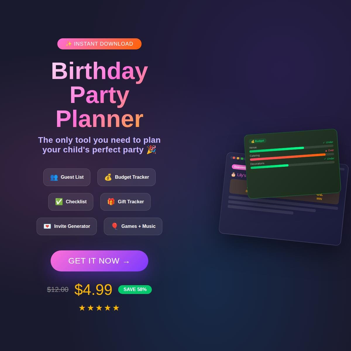 Kids Birthday Party Planner | Guest List, Budget, Checklist, Invites (Digital Download)