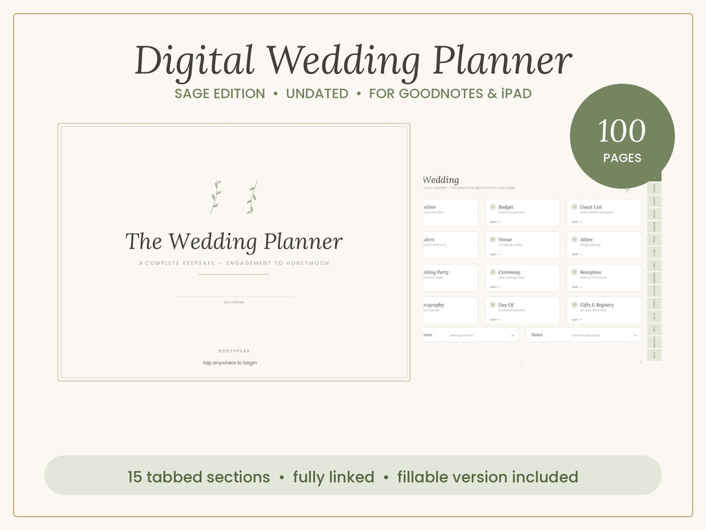 Sage Wedding Planner | Digital Wedding Planner for GoodNotes & iPad | Undated Timeline, Budget, Checklist, Guest List | Fillable PDF
