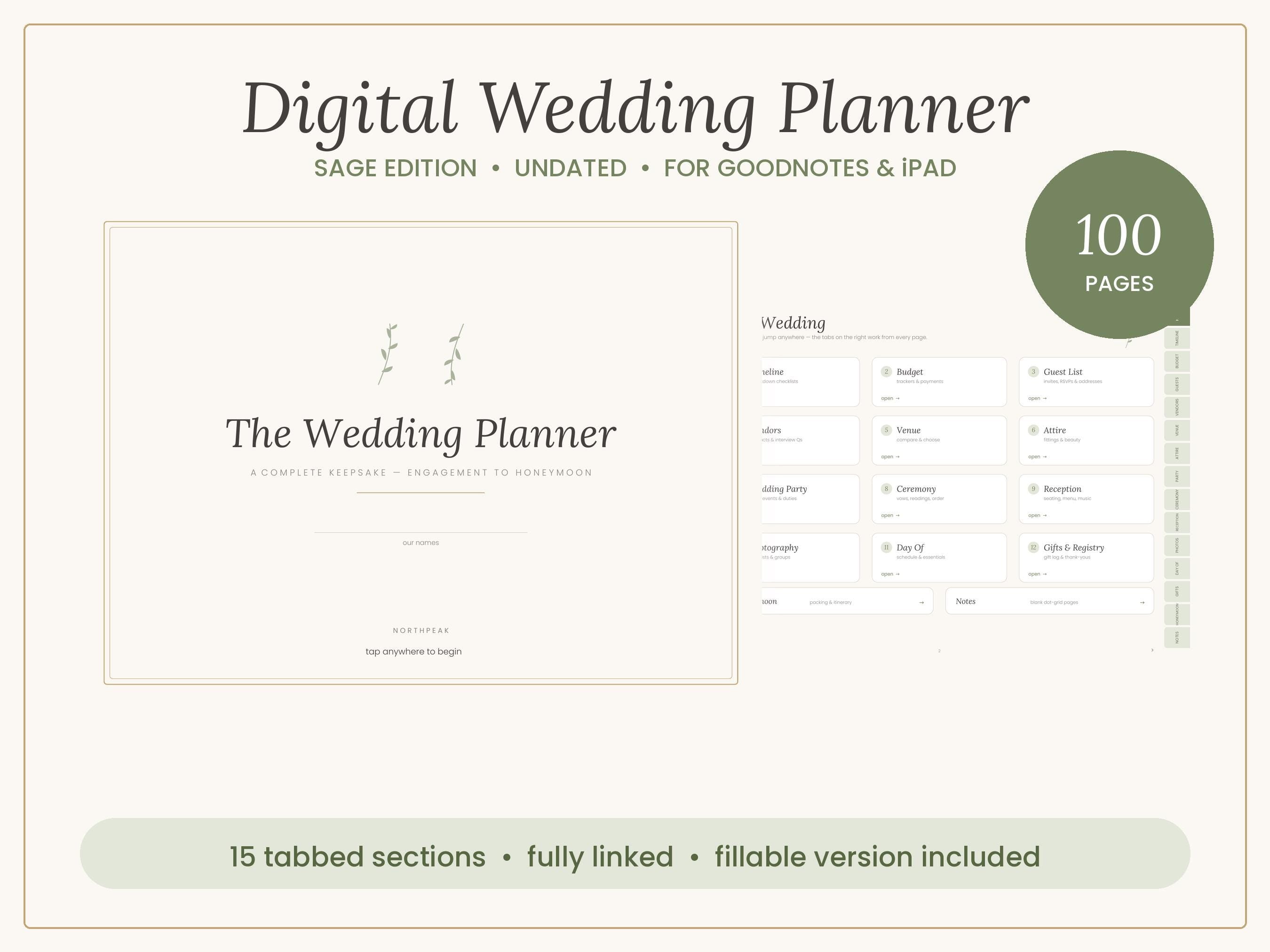 Sage Wedding Planner | Digital Wedding Planner for GoodNotes & iPad | Undated Timeline, Budget, Checklist, Guest List | Fillable PDF