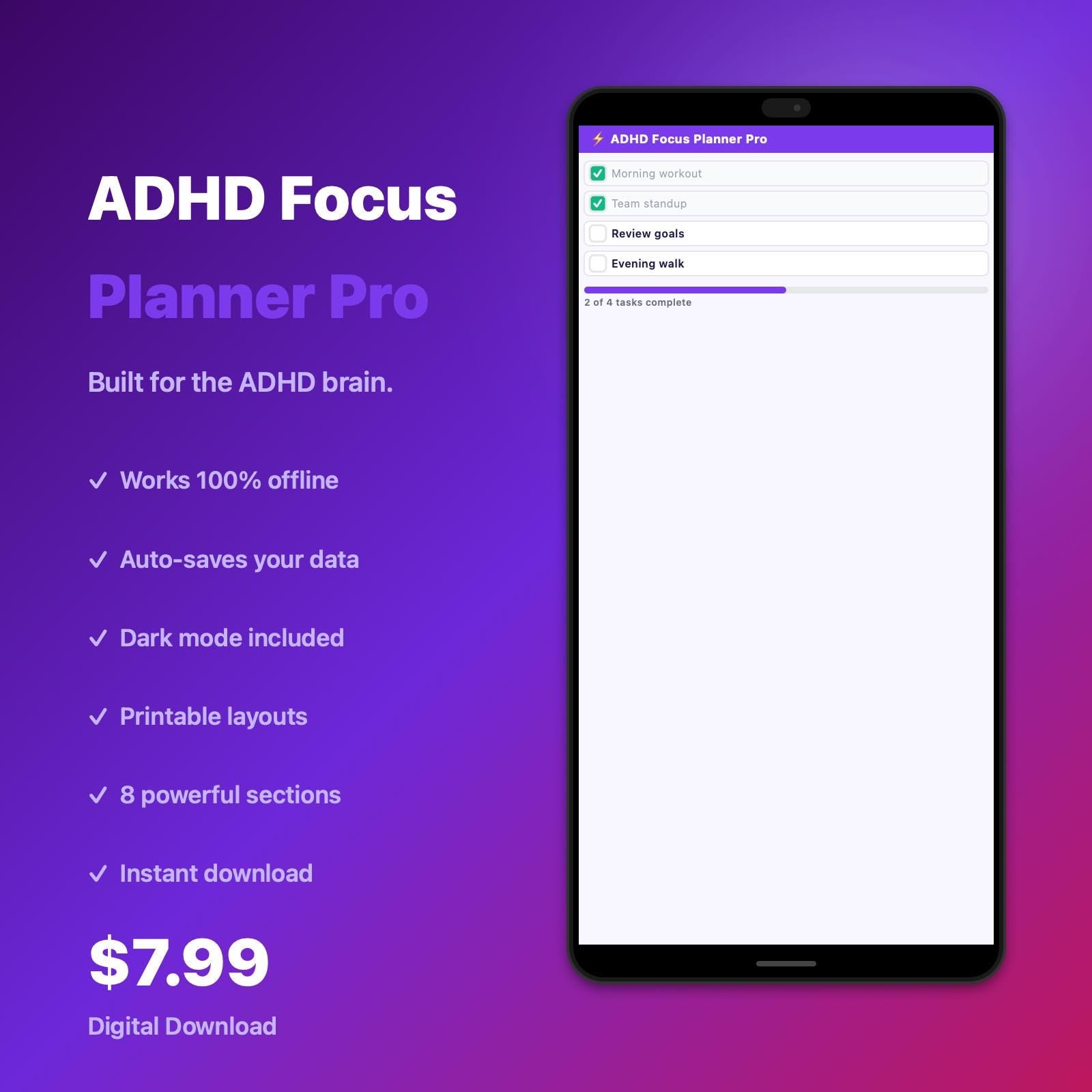 ADHD Focus Planner Pro, Habit Tracker, Pomodoro Timer (HTML Download)