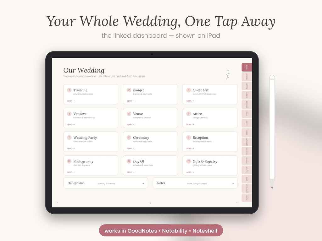 Undated Digital Wedding Planner GoodNotes, Hyperlinked PDF Planning Book