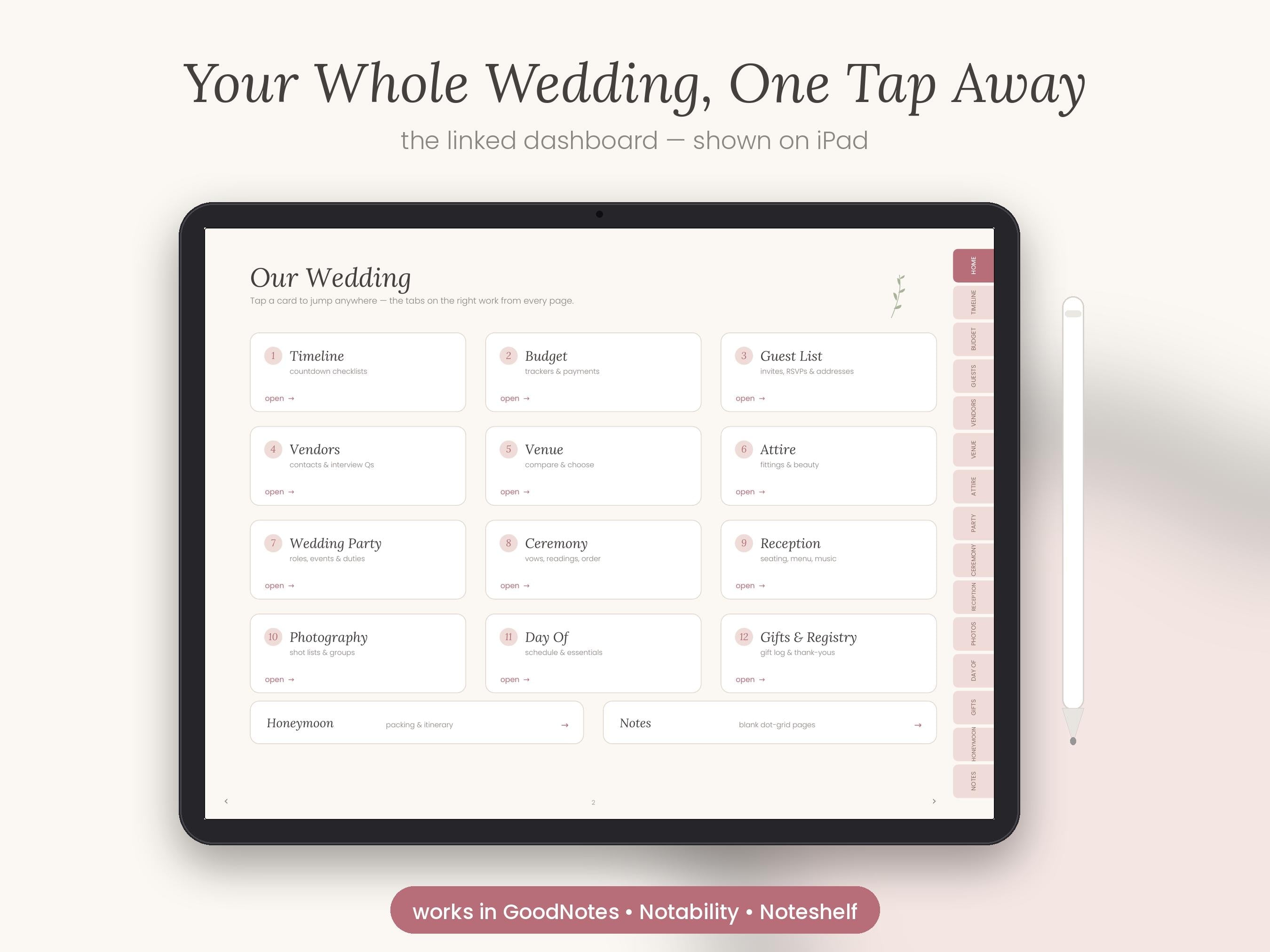 Undated Digital Wedding Planner GoodNotes, Hyperlinked PDF Planning Book