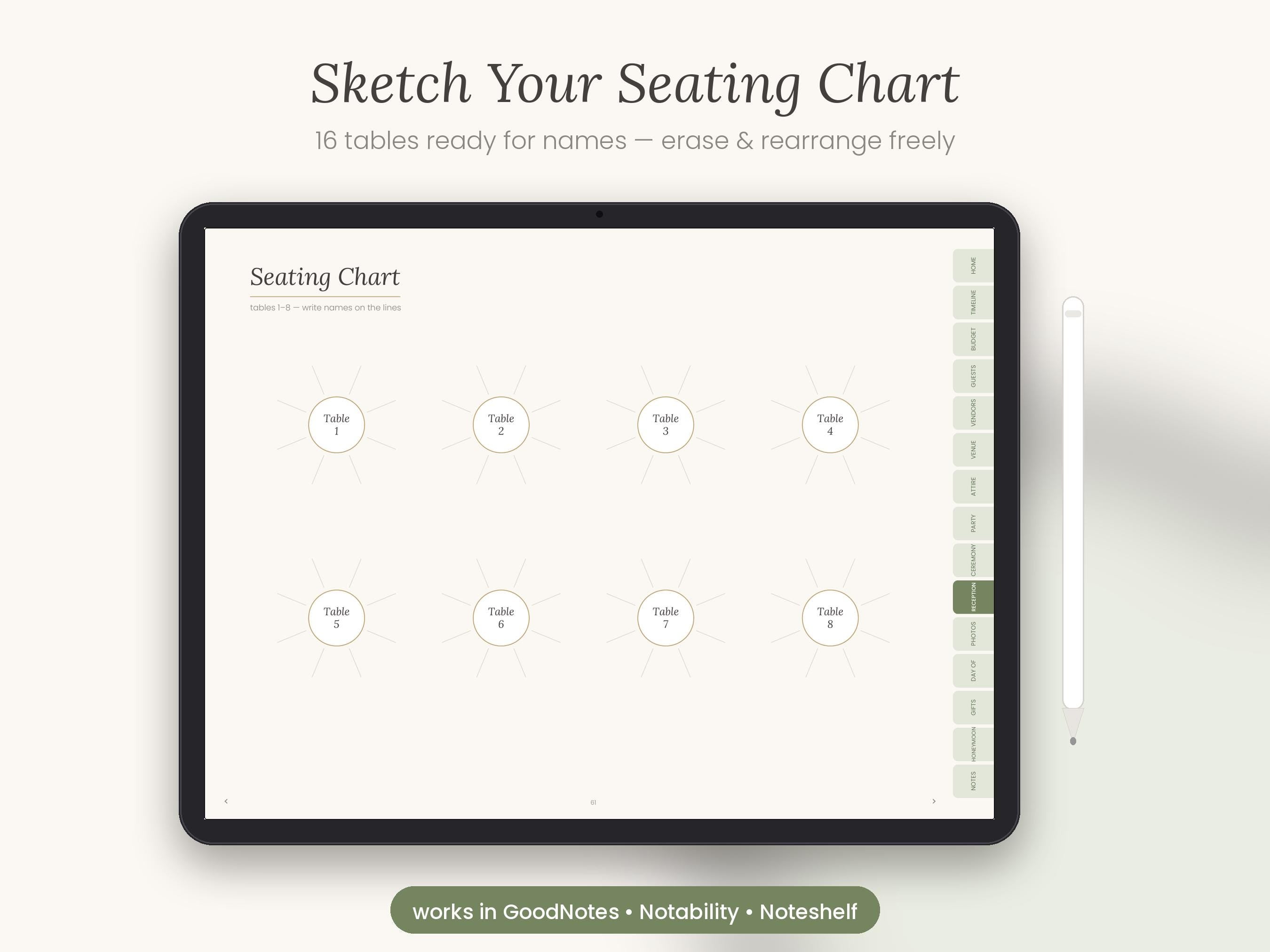 Sage Wedding Planner | Digital Wedding Planner for GoodNotes & iPad | Undated Timeline, Budget, Checklist, Guest List | Fillable PDF