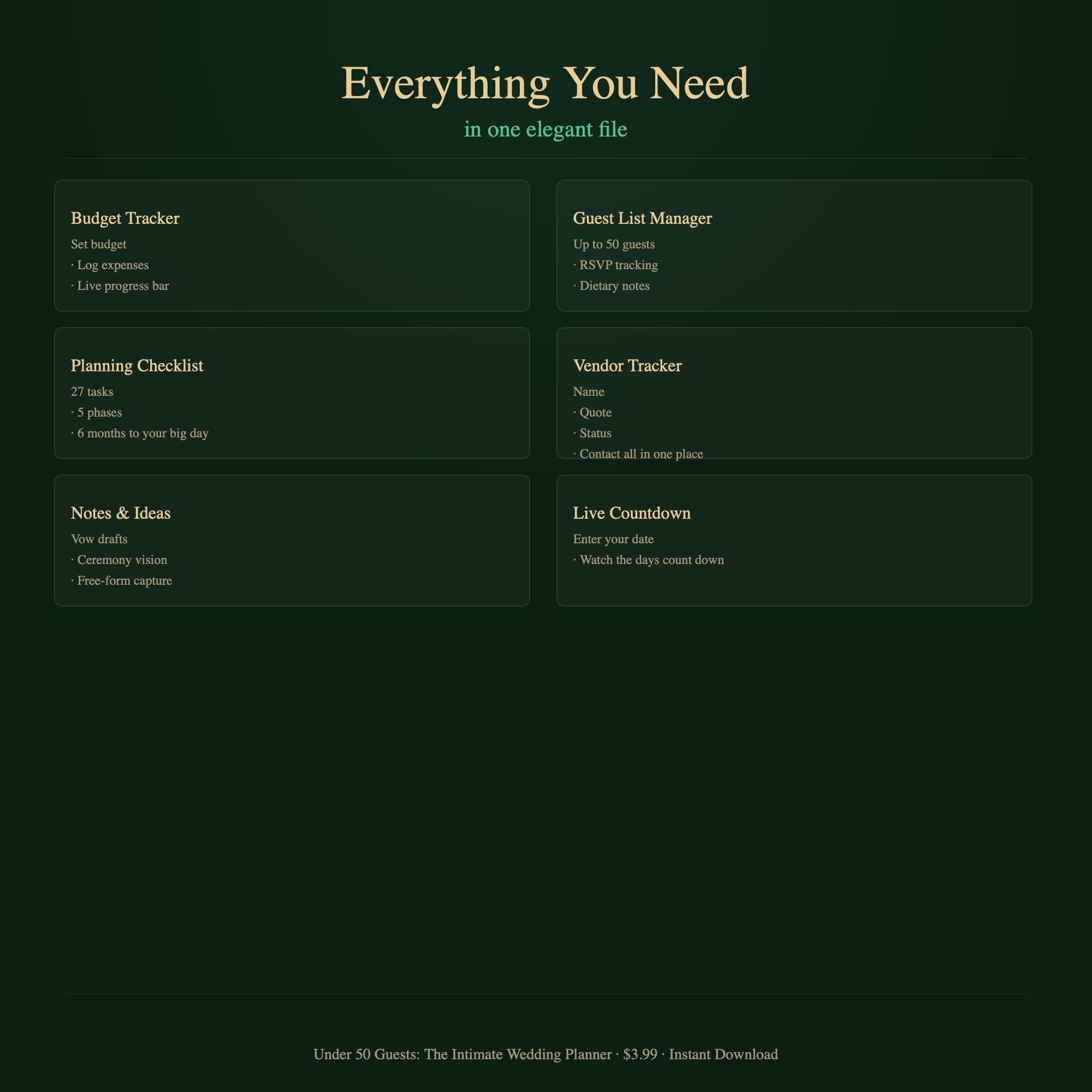 Intimate Wedding Planner | Under 50 Guests, Budget Tracker (Digital Download)