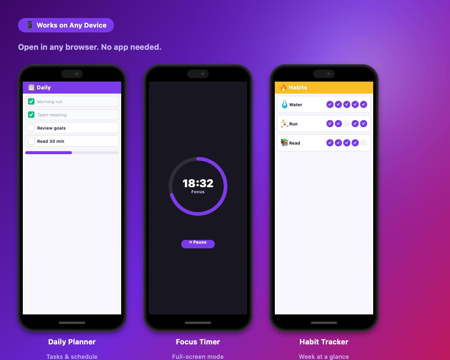ADHD Focus Planner Pro, Habit Tracker, Pomodoro Timer (HTML Download)