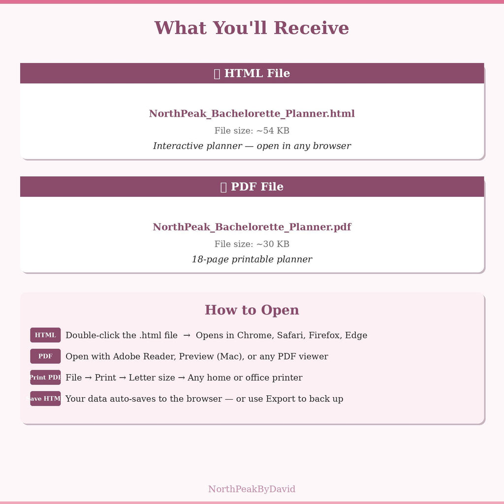 Bachelorette Party Planner | Itinerary, Guest List, Budget Tracker (HTML/PDF)