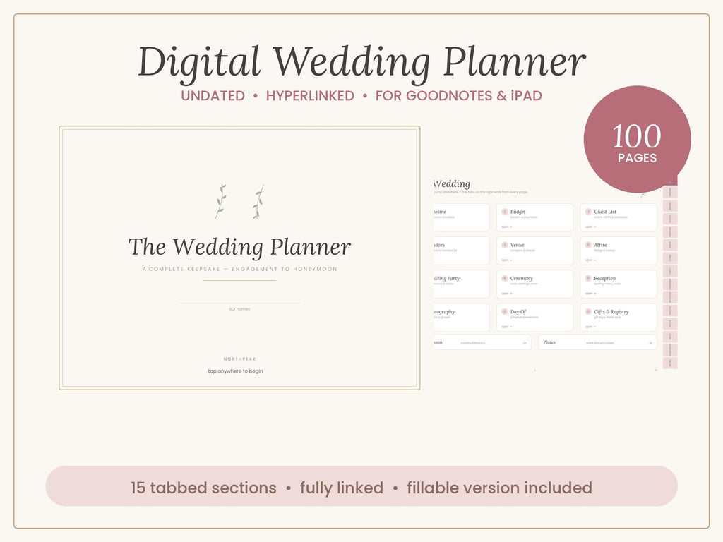 Undated Digital Wedding Planner GoodNotes, Hyperlinked PDF Planning Book