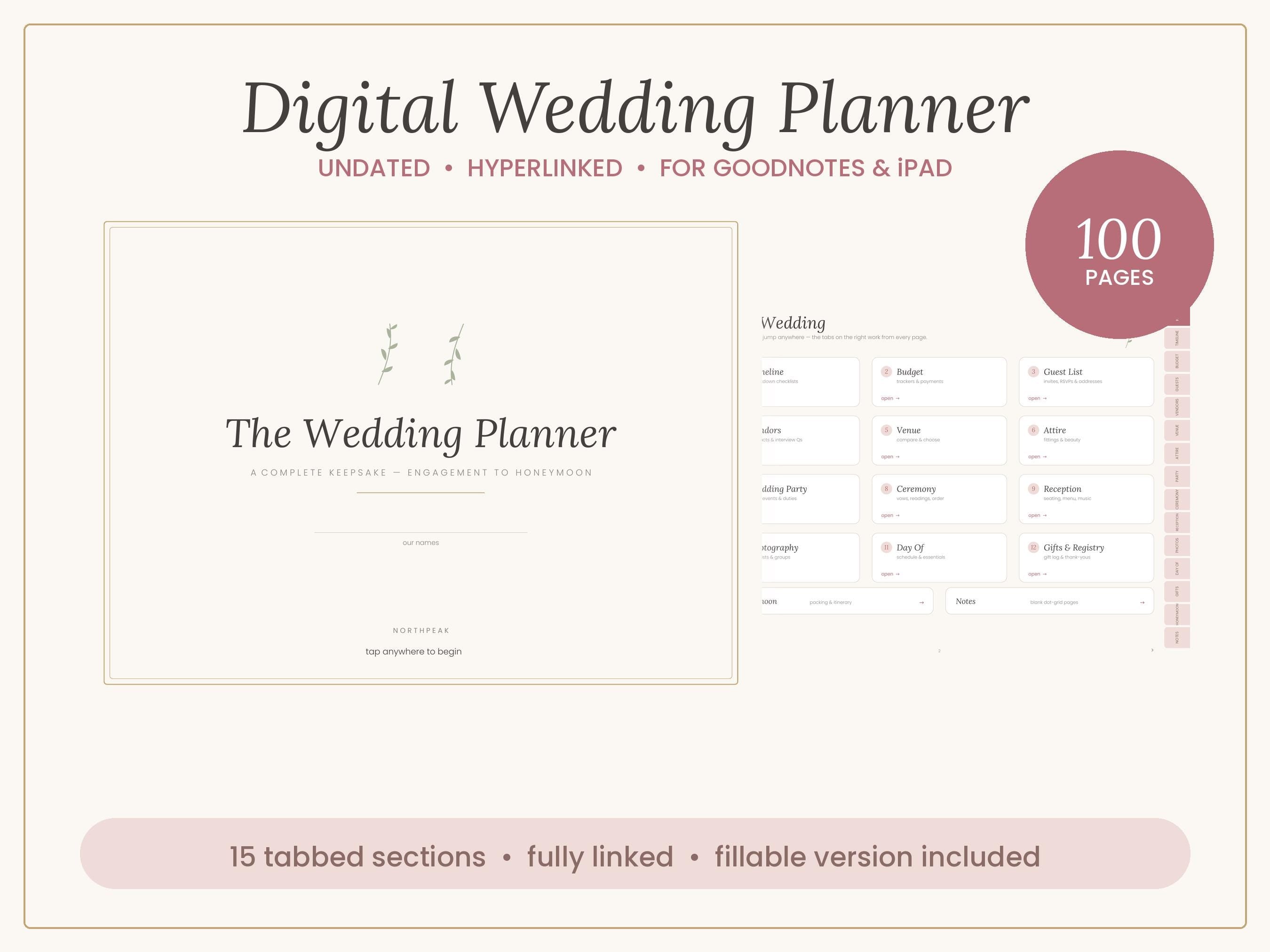 Undated Digital Wedding Planner GoodNotes, Hyperlinked PDF Planning Book