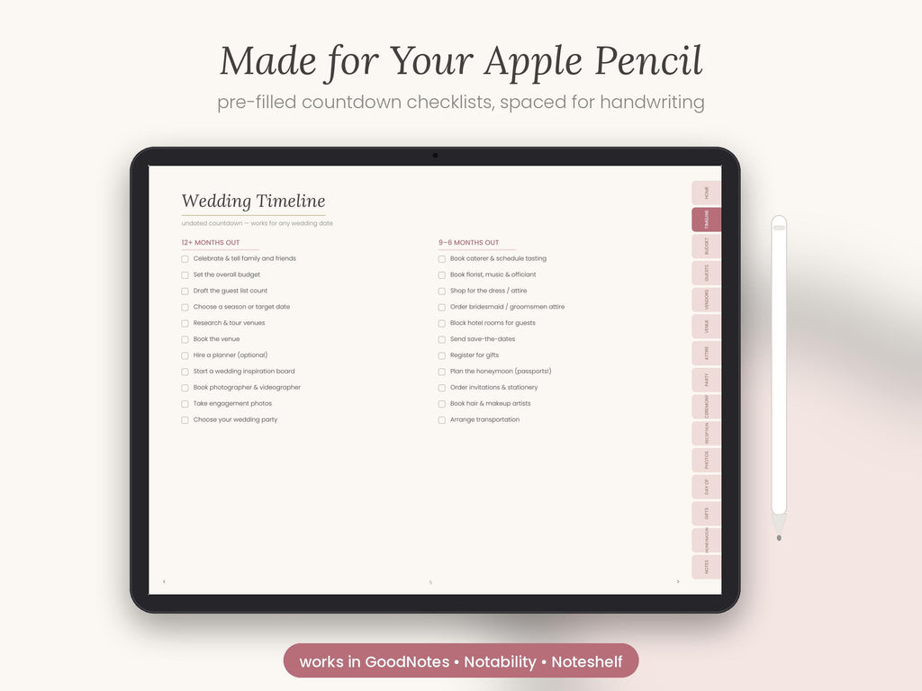 Undated Digital Wedding Planner GoodNotes, Hyperlinked PDF Planning Book