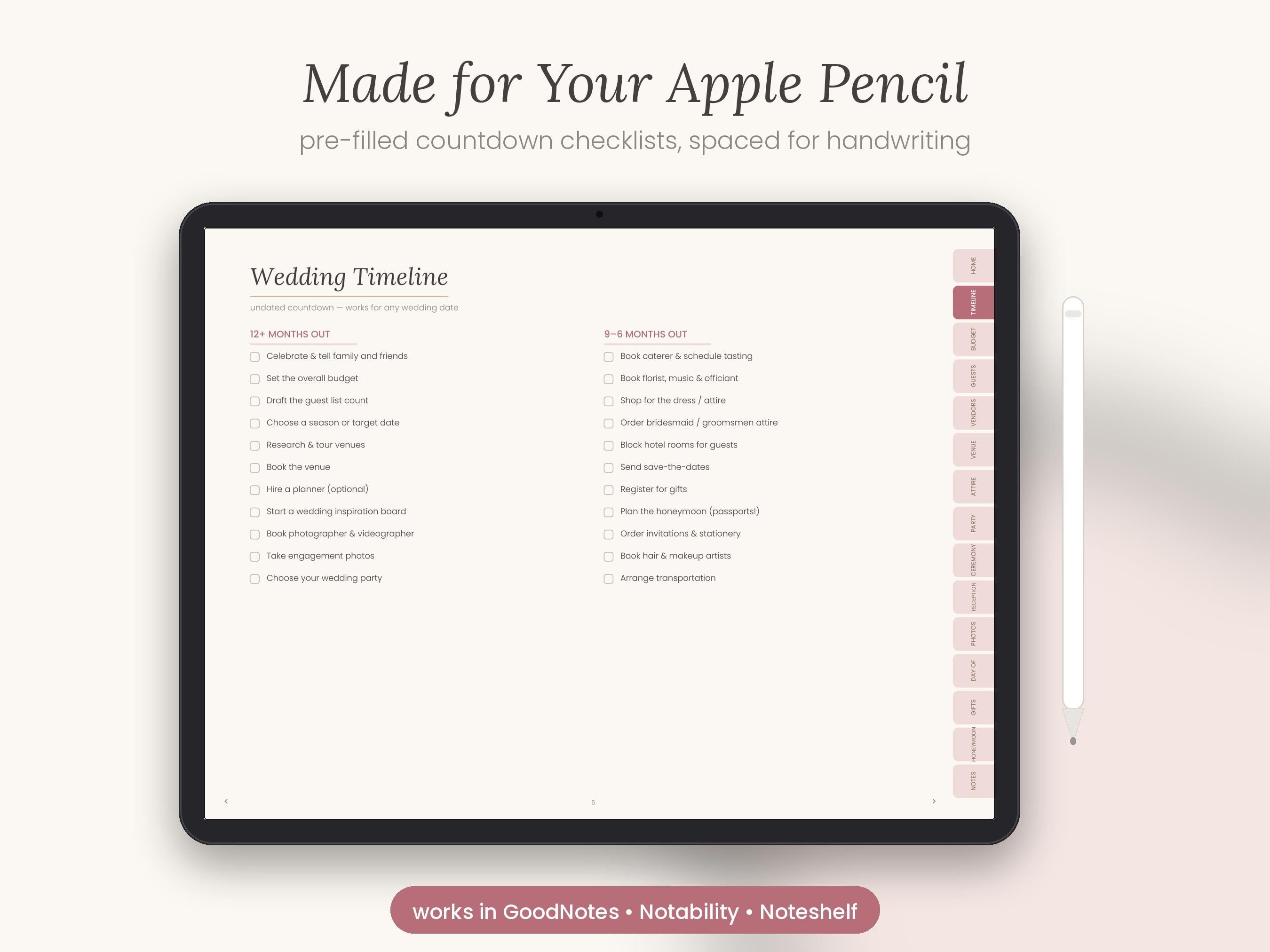 Undated Digital Wedding Planner GoodNotes, Hyperlinked PDF Planning Book