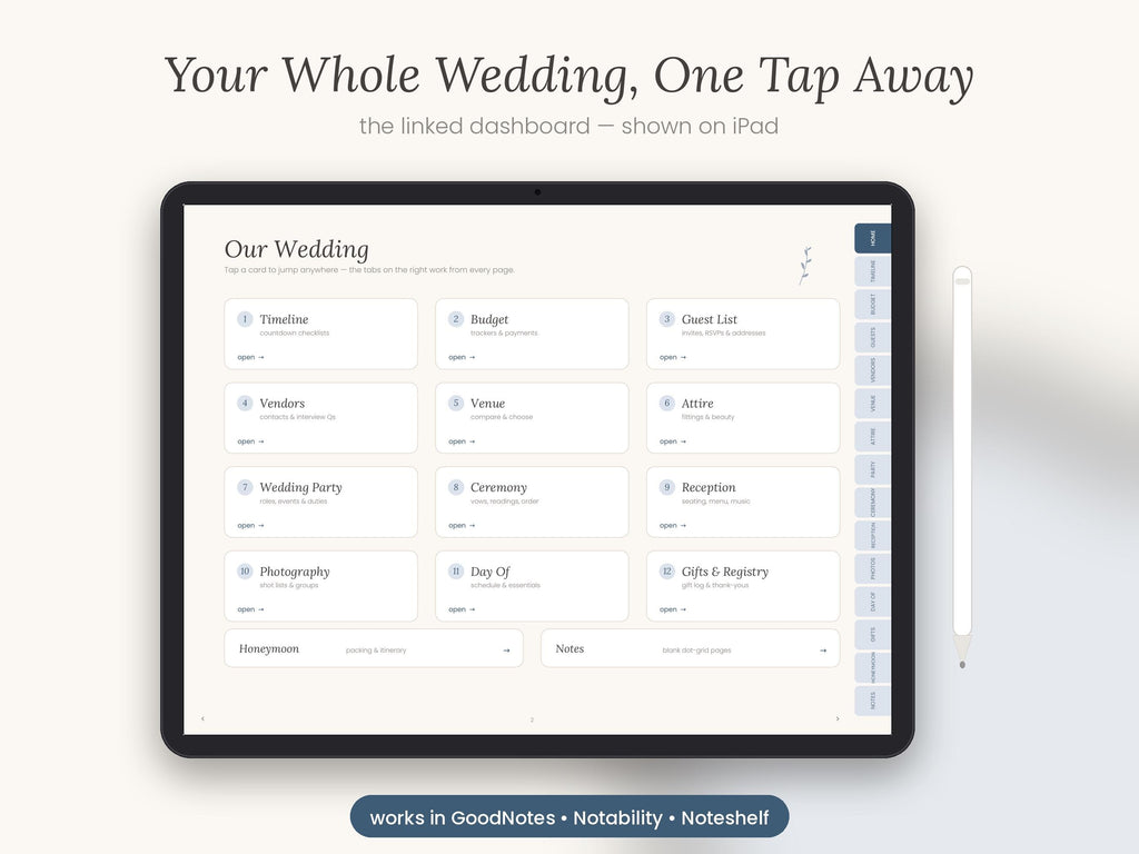 Navy Digital Wedding Planner, Undated GoodNotes iPad Book (Digital Download)
