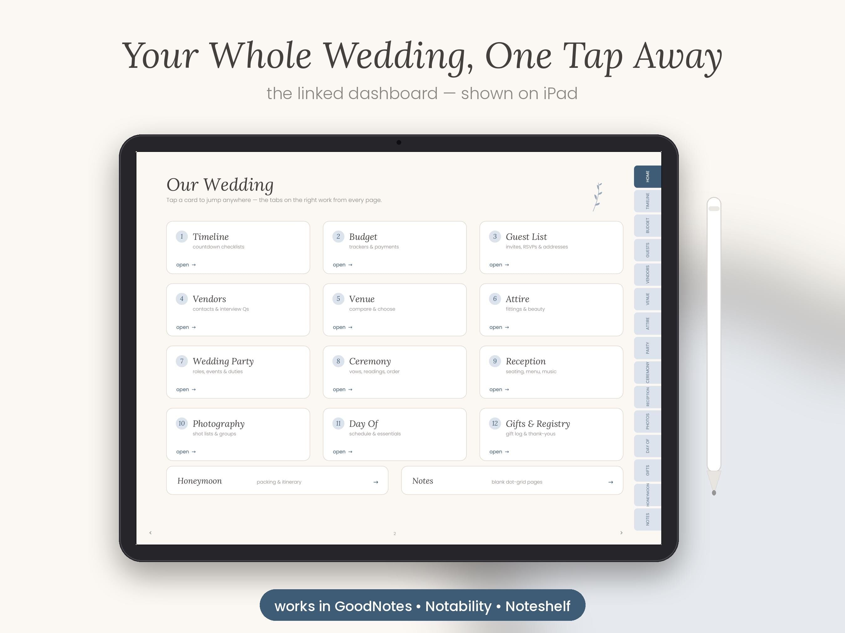 Navy Digital Wedding Planner, Undated GoodNotes iPad Book (Digital Download)