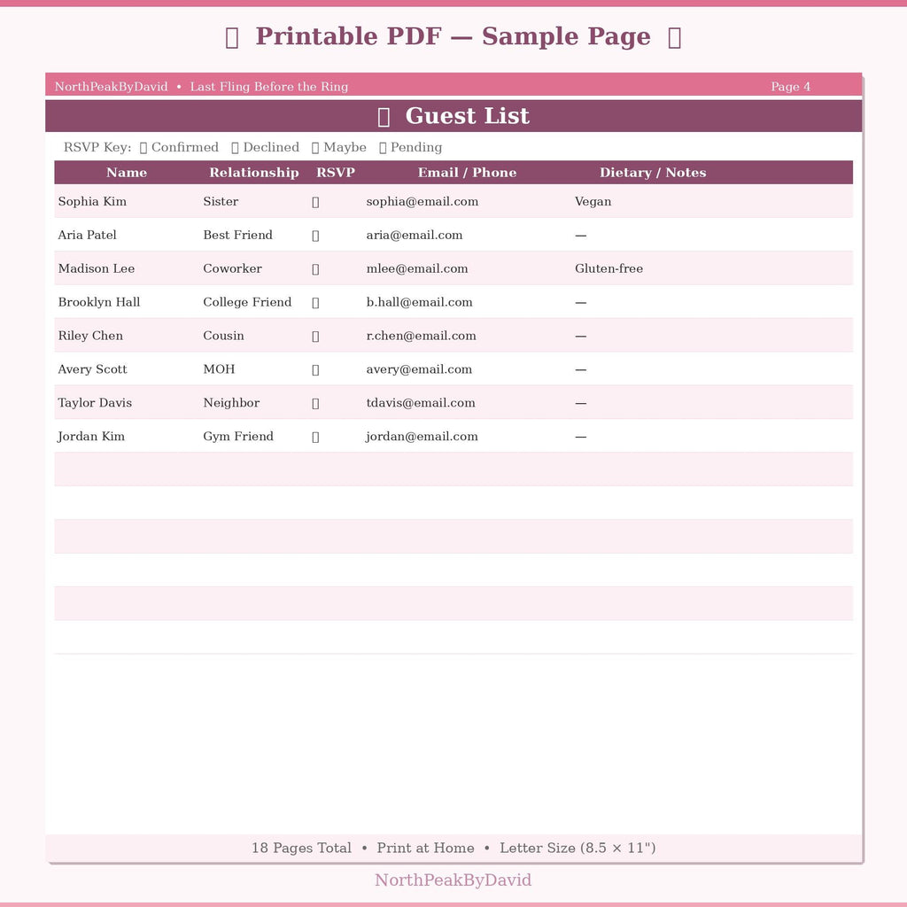 Bachelorette Party Planner | Itinerary, Guest List, Budget Tracker (HTML/PDF)