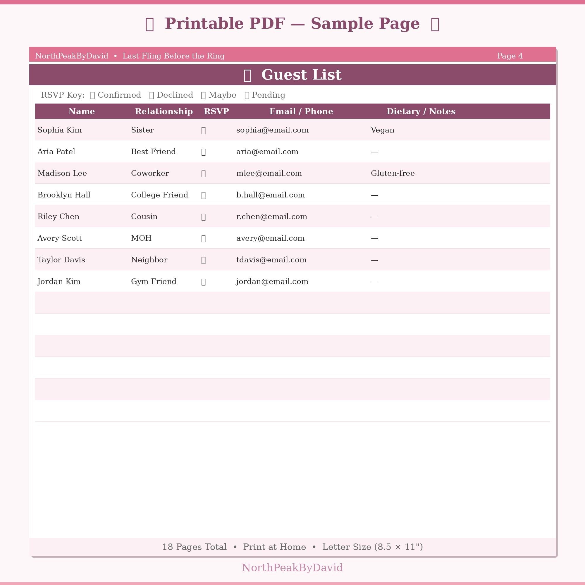 Bachelorette Party Planner | Itinerary, Guest List, Budget Tracker (HTML/PDF)