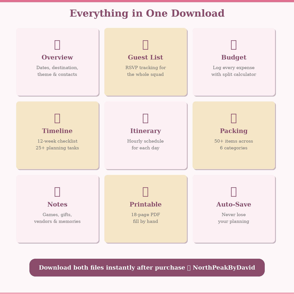 Bachelorette Party Planner | Itinerary, Guest List, Budget Tracker (HTML/PDF)