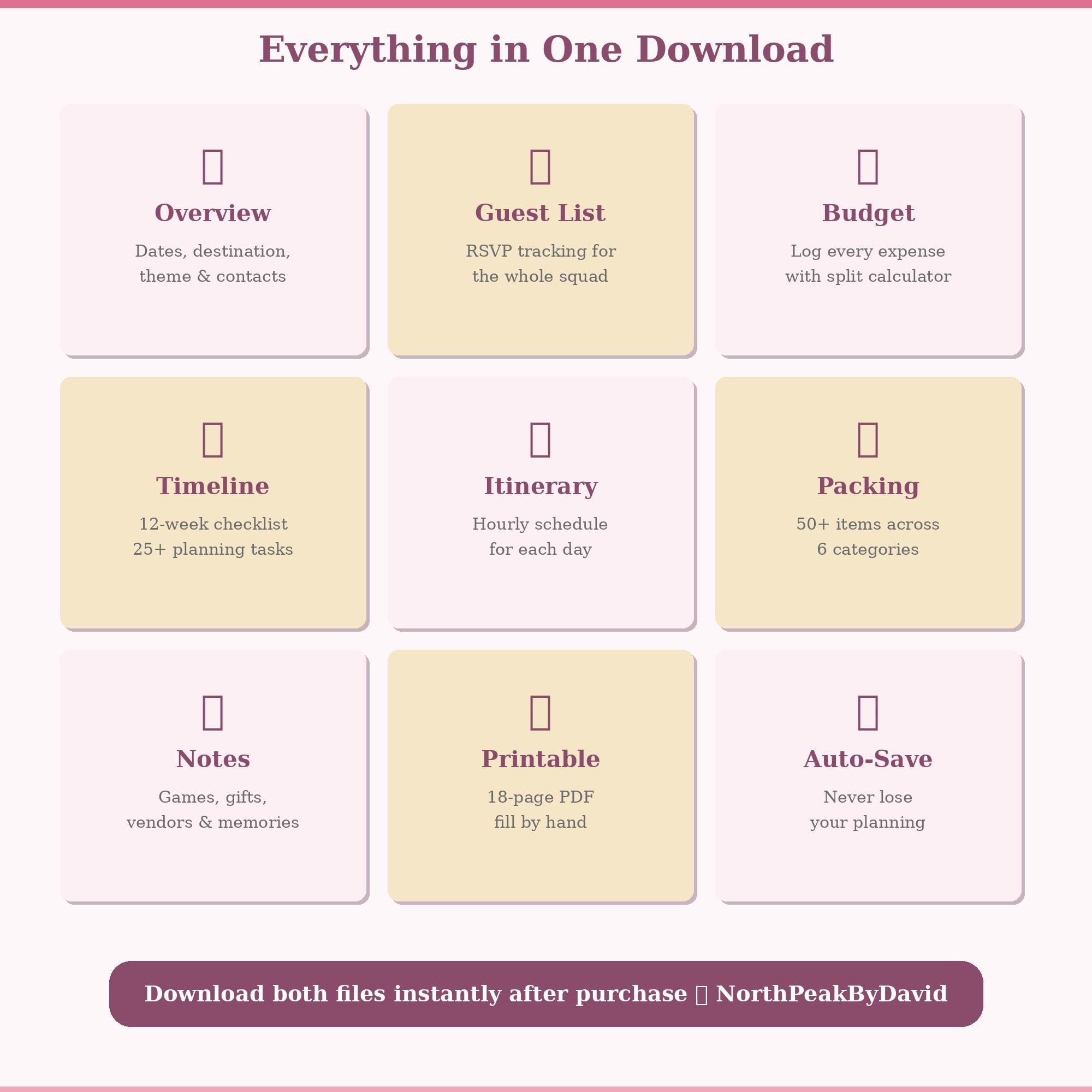 Bachelorette Party Planner | Itinerary, Guest List, Budget Tracker (HTML/PDF)
