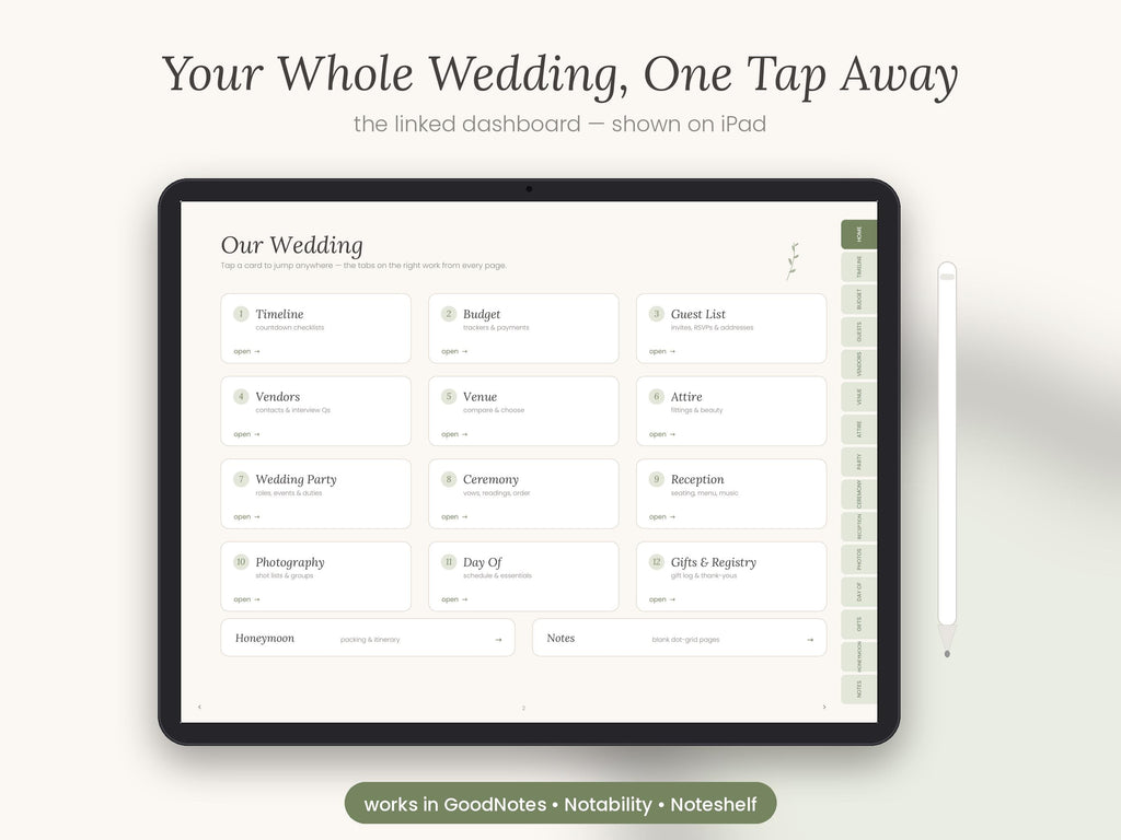 Sage Wedding Planner | Digital Wedding Planner for GoodNotes & iPad | Undated Timeline, Budget, Checklist, Guest List | Fillable PDF