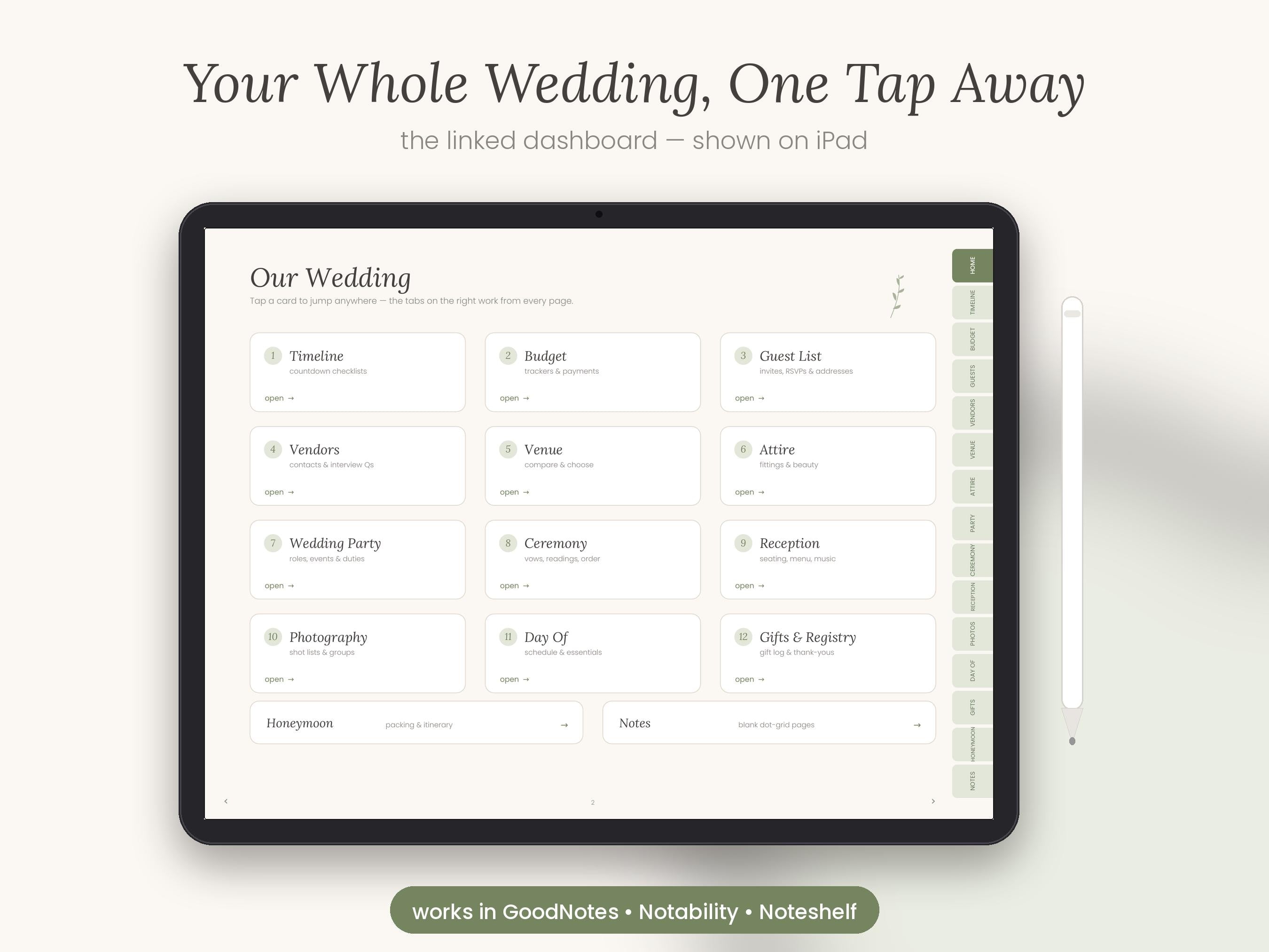 Sage Wedding Planner | Digital Wedding Planner for GoodNotes & iPad | Undated Timeline, Budget, Checklist, Guest List | Fillable PDF