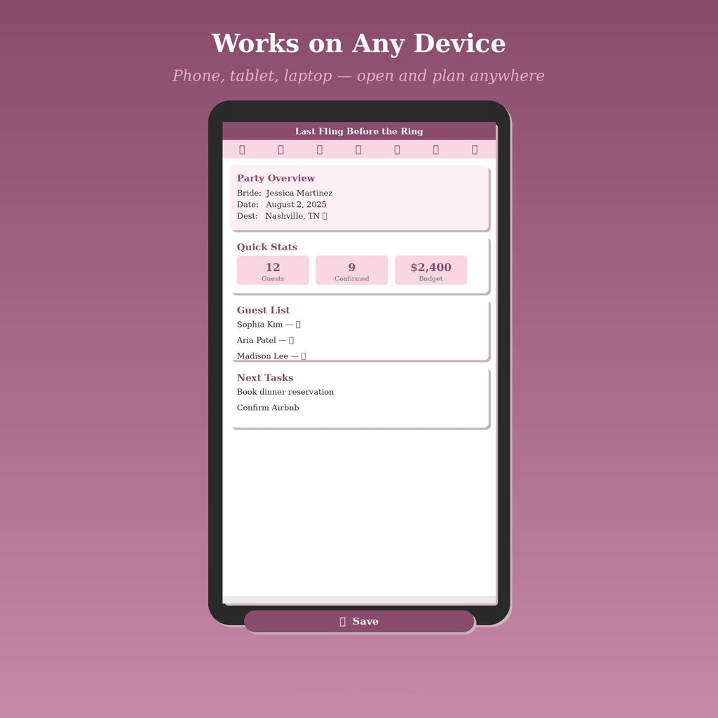 Bachelorette Party Planner | Itinerary, Guest List, Budget Tracker (HTML/PDF)