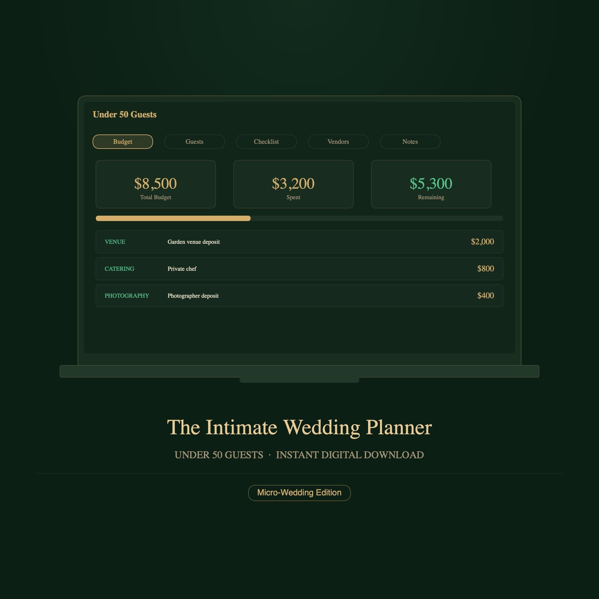 Intimate Wedding Planner | Under 50 Guests, Budget Tracker (Digital Download)