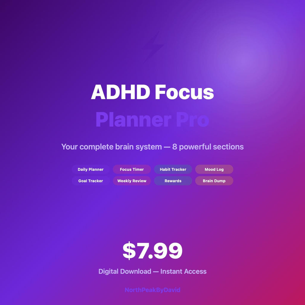 ADHD Focus Planner Pro, Habit Tracker, Pomodoro Timer (HTML Download)
