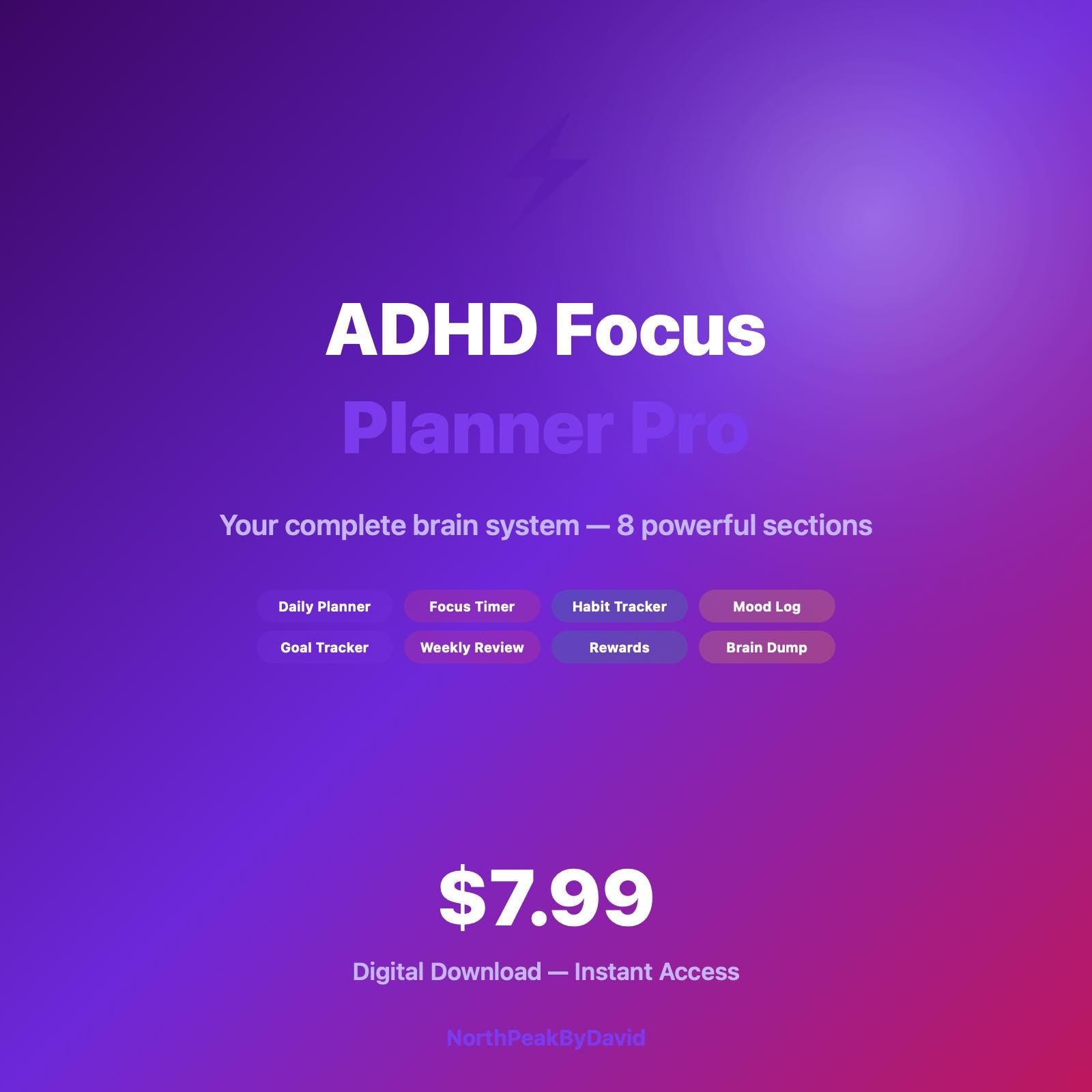 ADHD Focus Planner Pro, Habit Tracker, Pomodoro Timer (HTML Download)