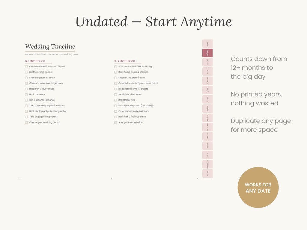 Undated Digital Wedding Planner GoodNotes, Hyperlinked PDF Planning Book