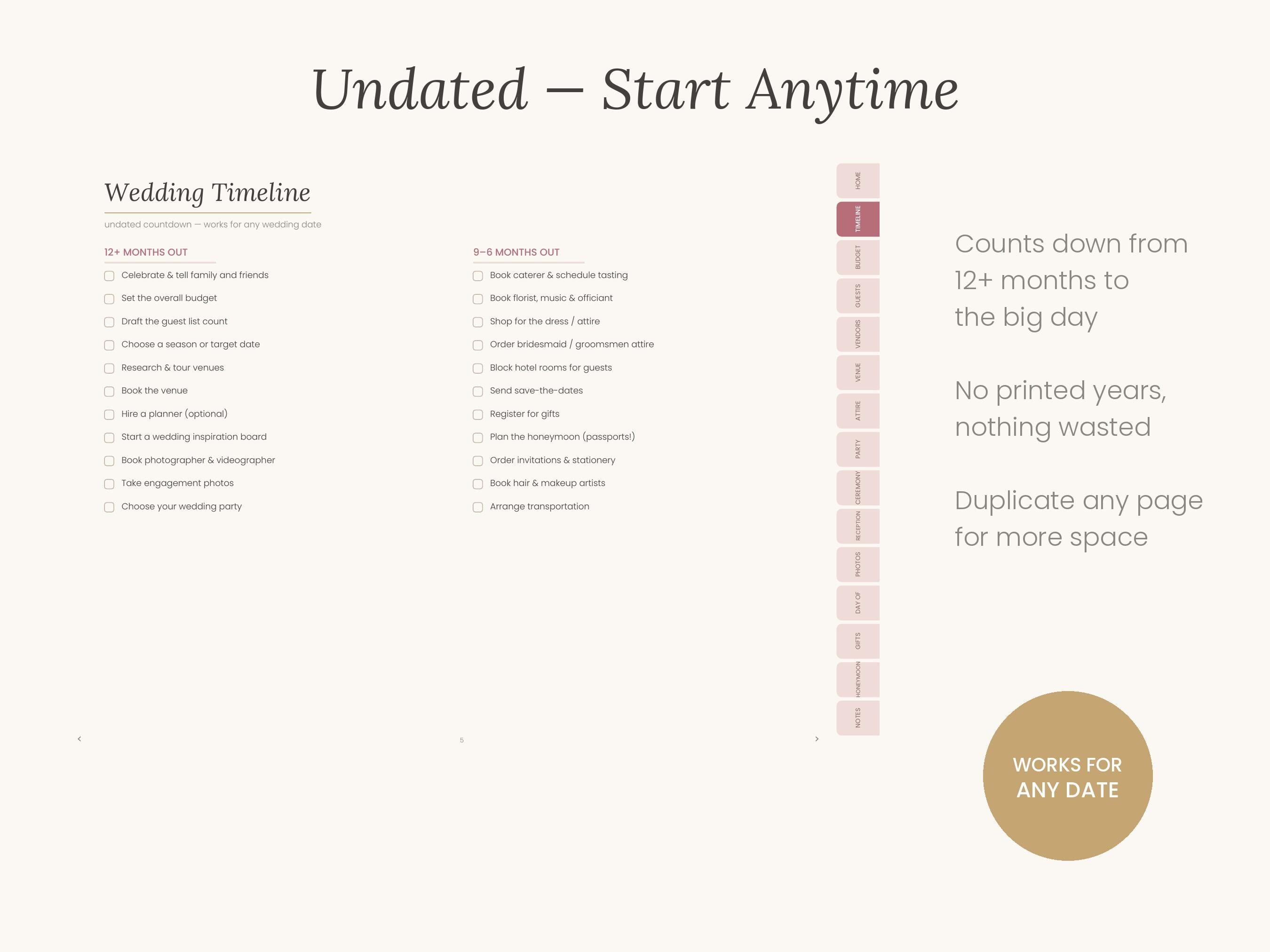 Undated Digital Wedding Planner GoodNotes, Hyperlinked PDF Planning Book
