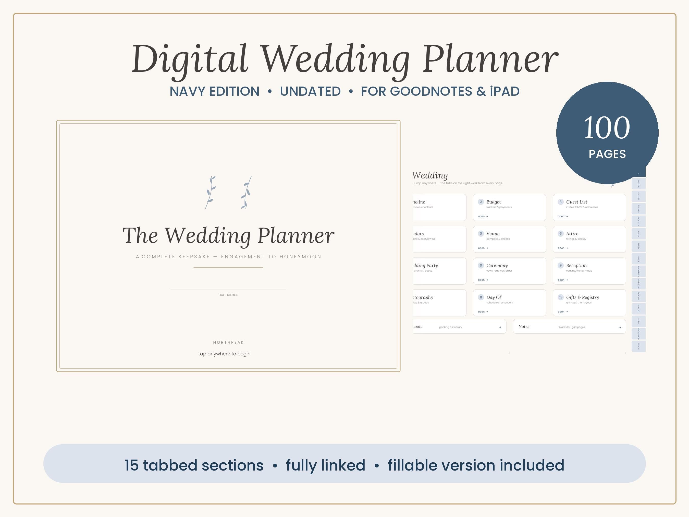 Navy Digital Wedding Planner, Undated GoodNotes iPad Book (Digital Download)